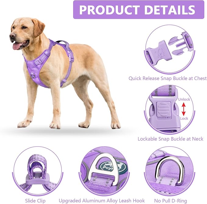 PoyPet No Pull Dog Harness, No Choke Reflective Dog Vest, Adjustable Pet Harnesses with Easy Control Padded Handle for Small Medium Large Dogs(Light Purple Matching Trim,L)