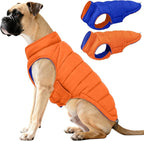QBLEEV Reversible Dog Winter Coat, Waterproof Windproof Warm Jacket with Adjustable Hook & Loop Design, Lightweight Puffer Vest for Medium Dogs, Orange, M – Fits Pug, Beagle, Corgi