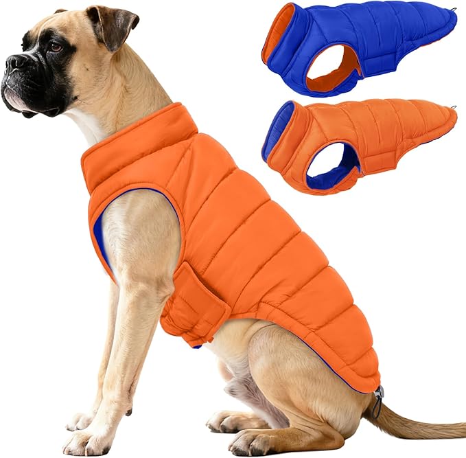 QBLEEV Reversible Dog Winter Coat, Waterproof Windproof Warm Jacket with Adjustable Hook & Loop Design, Lightweight Puffer Vest for Medium Dogs, Orange, M – Fits Pug, Beagle, Corgi