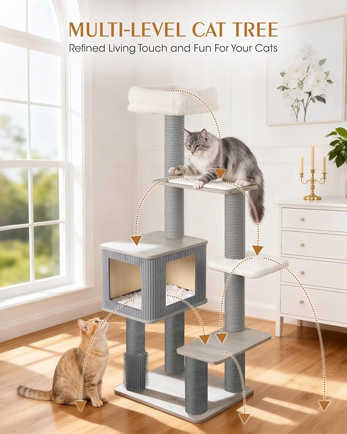Maine Coon Cat Tree for Large Cats, Modern Cat Tree Tower with Plush Platforms, Heavy Duty Cat Trees for Indoor Cats Large Adult, Gray Sisal Posts, Scratching Post for Indoor Cats