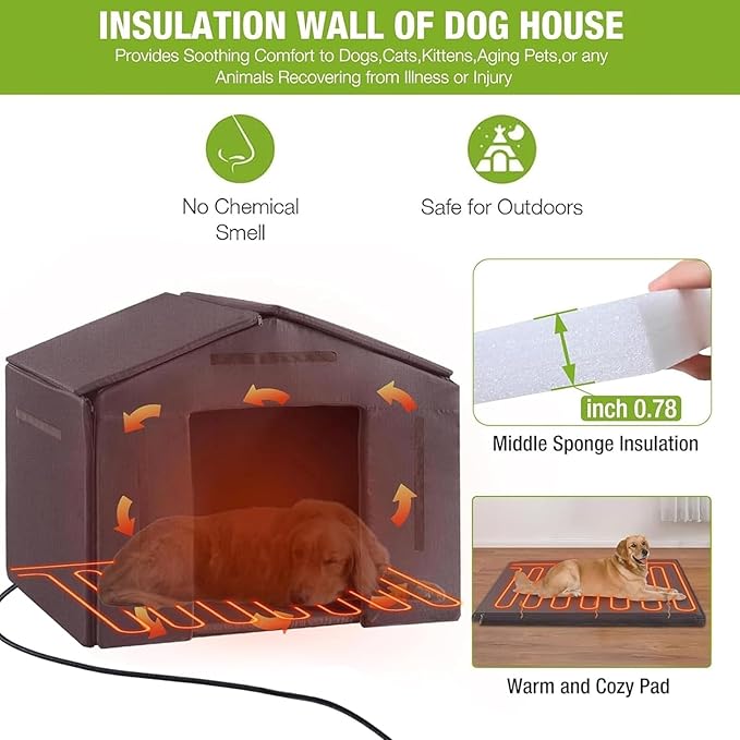Heated Dog House Outdoor Dog Kennel with Insulation Liner for Winter 34" Waterproof Dog Cage for Small & Medium Dogs,Unique All-Around Iron Frame