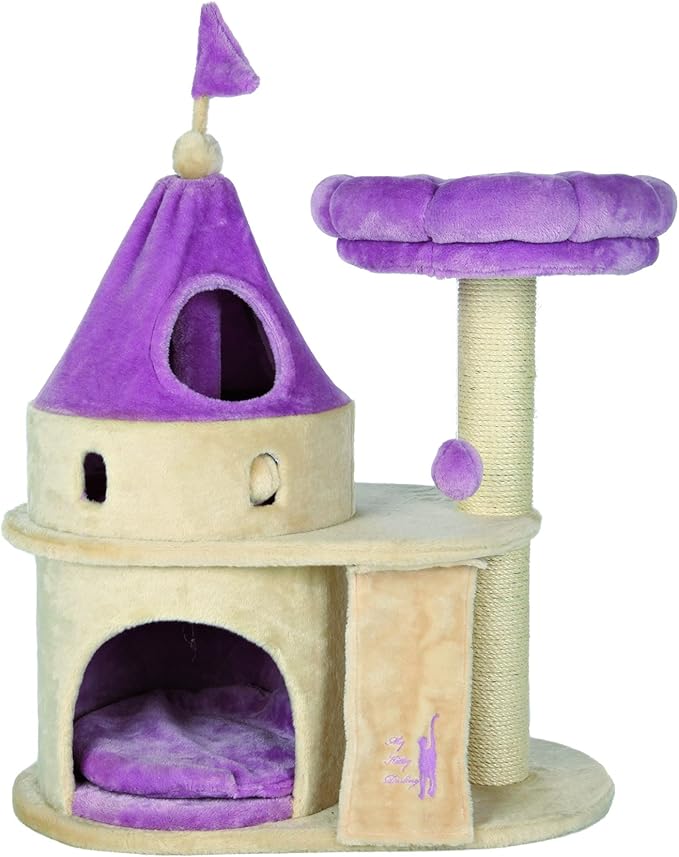 TRIXIE My Kitty Darling Castle Condo, Scratching Post, Cat Tree, Pom Pom, Crinkle Toy | Beige 27.5 x 14.75 x 35.25 in.