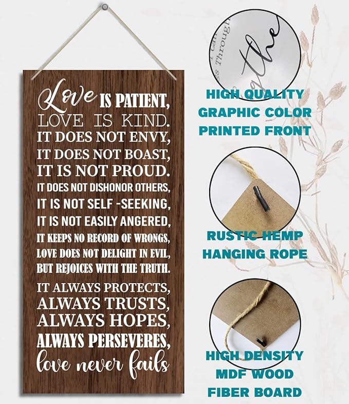 1 Corinthians 13:4-8-Love is Patient Love is kind Inspirational Quote Wood Decor Sign, Bible Verses Decor Signs, Hanging Printed Wooden Plaque Decor, Home Décor Sign, Christian Gift 12x 6inch