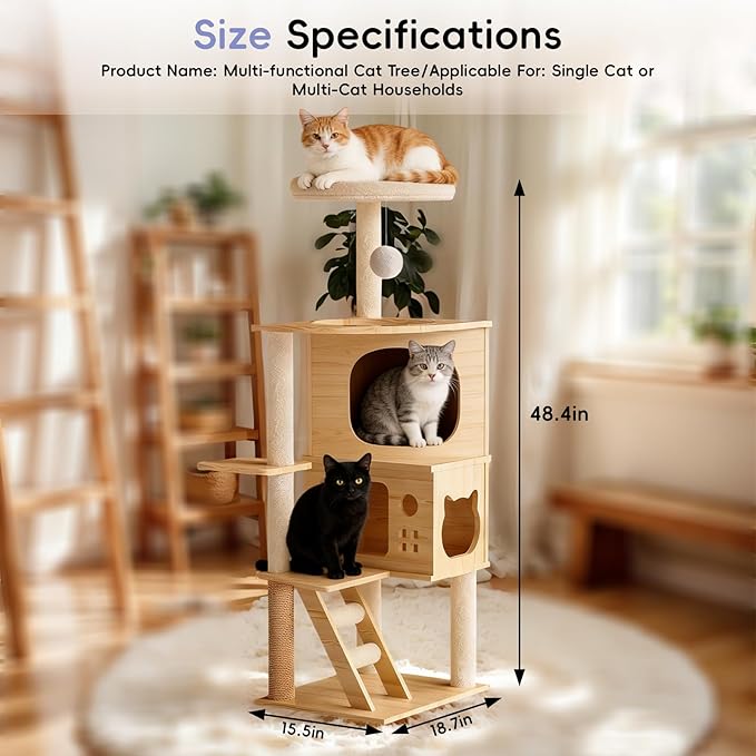 48.8" Wooden Cat Tree for Indoor Cats, Multi-Level Cat Tower with Space Capsule, Acrylic Hammock, Sisal Scratching Posts & Ladder, Large Cat Condo for Small and Large Cats