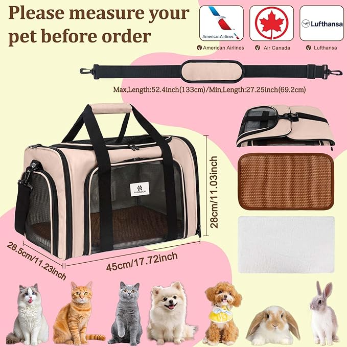 Cat Carrier Dog Carrier - Soft-Sided Cat Carrier with Plush Pad & Cooling Mat, Easy-Load 4-Side Zipper & 3-Side Mesh Ventilation, Pet Carrier Airline Approved for Cats/Dogs Up to 16 lbs, Brown