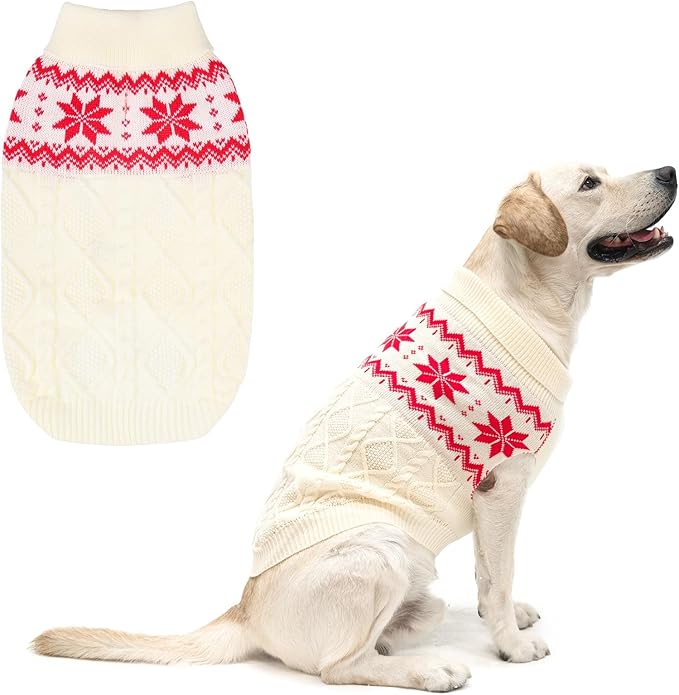 Warm Winter Pink Dog Sweater - Cold Weather Pet Clothes for Small Medium Large Dogs Indoor Outdoor, Soft Classic Knit Puppy Apparel Coat, White, ML