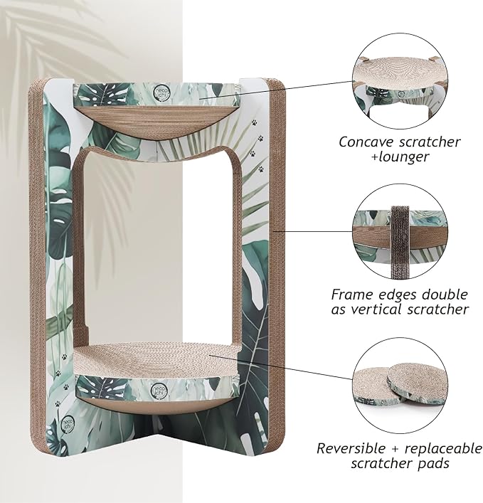 Necoichi Cat Scratcher Tower for Indoor Cats - Cat Scratching Post Lounger with Reversible Usability and Extra Comfort for Lounge, Cardboard Bed Couch / (XL, Oak)