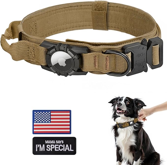Tactical AirTag Dog Collar - Heavy Duty, Adjustable GPS Collar Compatible with Apple AirTag, with Holder & Control Handle for Medium/Large Dogs [ Brown, M ]