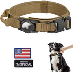 Tactical AirTag Dog Collar - Heavy Duty, Adjustable GPS Collar Compatible with Apple AirTag, with Holder & Control Handle for Medium/Large Dogs [ Brown, M ]