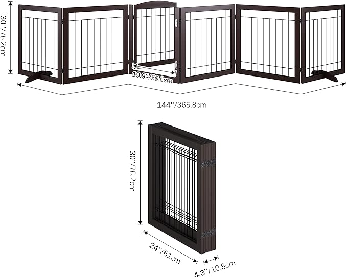 Vantas Folding Pet Gate 144" Wide, 30" Tall No-Assembly Wooden Dog Gate with Door Walk Through, Freestanding Wire Pet Puppy Safety Fence, with 2PCS Support – Espresso