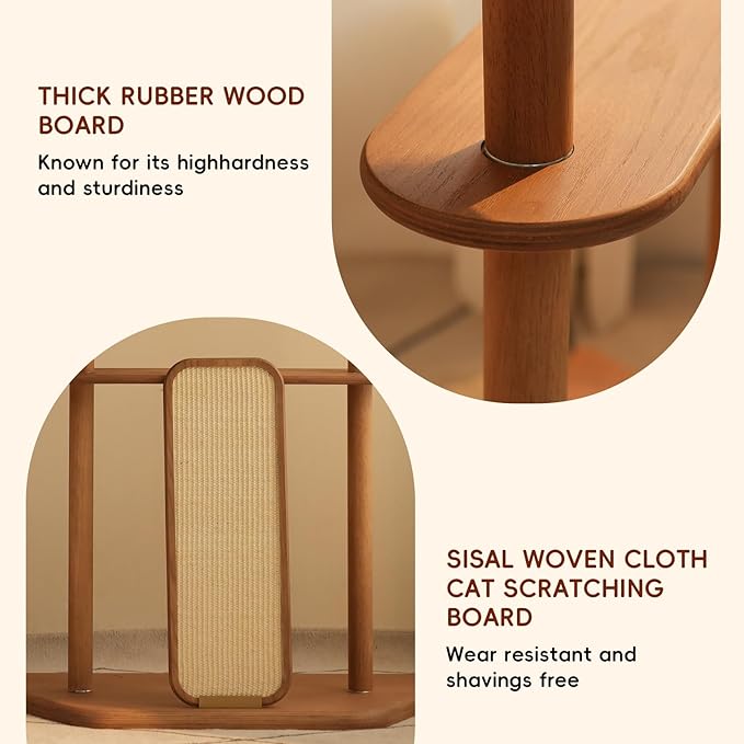 Modern Cat Tree for Living Room - Oak Veneer Cat Tower with Acrylic Pod, Solid Rubberwood, Scratch-Resistant Chenille & Sisal, Modern Cat Furniture for Indoor Cats