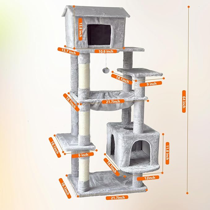 64in Multi-Level Cat Tree for Indoor Cats - Plush Gray Cat Tower with Hammock, Sisal Scratching Posts & Cozy Cat House, Ideal for Multiple Cats, 5-Level Cat Furniture with Dangling Toy
