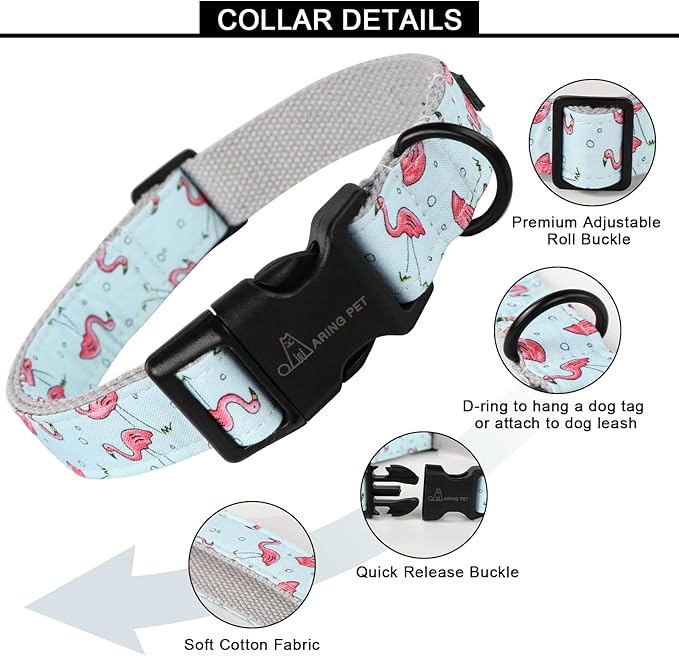 ARING PET Summer Dog Collar, Cute Flamingo Adjustable Lightweight Cotton Pet Collars for Small Medium Large Boy and Girl Dogs, Small