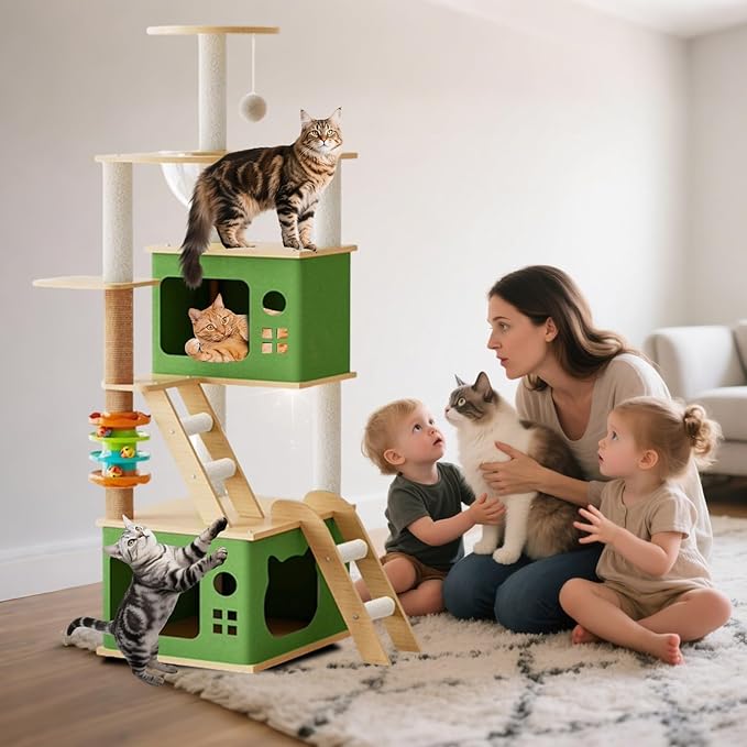 Large Cat Tree,137 Tall Wooden Cat Tower with 2 Spacious Caves,Transparent Space Capsule,8 Fully Scratching Posts and Natural Wood Posts, Kitty Condo with Multi-Layer Platform