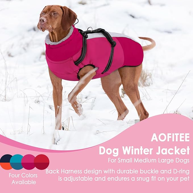 AOFITEE Dog Coats for Large Dogs, Waterproof Dog Winter Jacket with Harness Built in, Warm Large Dogs Coat with Fleece Lined, Zip Up Pets Jackets for Golden Retriever, Weimaraner, Hot Pink 2XL