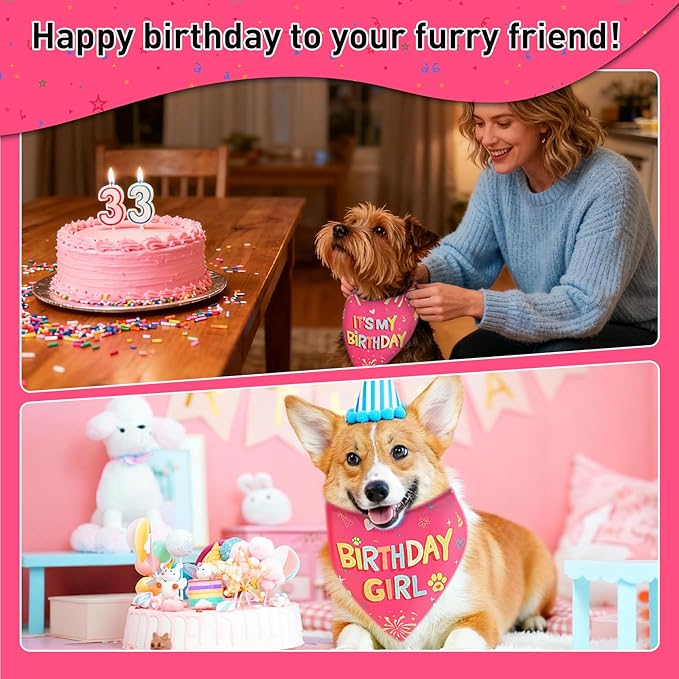 SZEE Dog Birthday Bandana, Reversible Bandanas for Dog Birthday Outfits, Pet Apparel & Accessories, Triangle Pet Scarf for Photo Prop and Holiday Decor (Large, Pink)