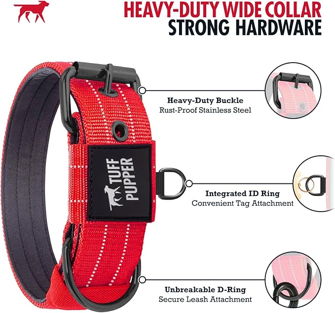 Tuff Pupper Heavy Duty Tactical Dog Collar | 1.5" Wide Ballistic Nylon | Reflective Stitching | Integrated ID Tag Holder | Stainless Steel Buckle | Padded Lining | Medium & Large Dogs (Red, Medium)