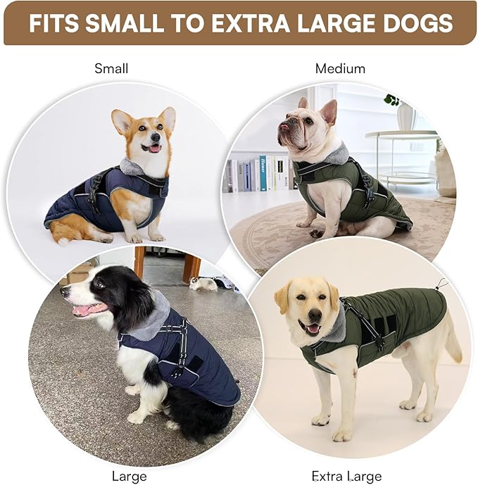 Queenmore Winter Dog Jackets for Large Dogs XXL, Waterproof Winter Coat for Extra Large Pitbull Danes, Warm Puffer Snow Jacket for Cold Weather - Fleece Lining Hook & Loop Closure Reflective, Green