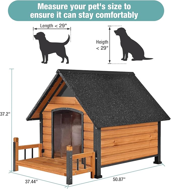 Large Dog House with Proch, Weatherproof Outdoor Kennel for Large Dogs, Chew-Resistant Iron Frame & Asphalt Roof for Outdoor (Wood, XL)