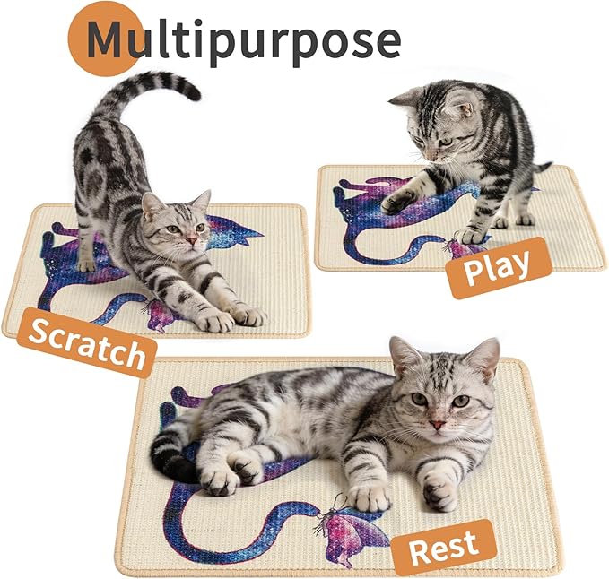 Sisal Cat Scratcher Mat Cat Wall Scratcher for Indoor Scratch Pad Wall Mounted Scratching Post to Protect Couch Carpet Furniture 23.6"x15.7" (Purple Butterfly Cat)