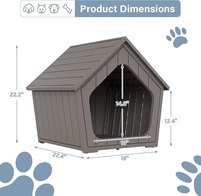 Bifanuo Dog House Outdoor Indoor for Small Dogs - Plastic Pet Shelter, Easy-Assemble & Weather-Resistant for Living Room, Balcony (Grey, 18" L x 22.4" W x 22.2" H)