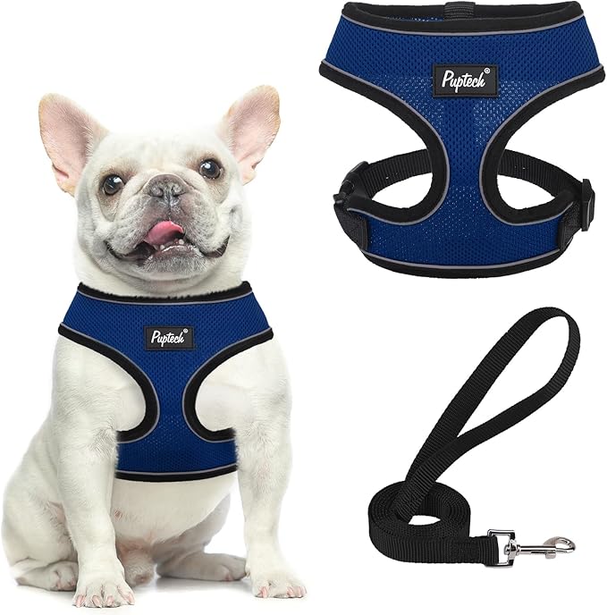 PUPTECK Soft Mesh Dog Harness and Leash Set Pet Puppy Cat Comfort Padded Vest No Pull Harnesses, Solid NavyBlue, L