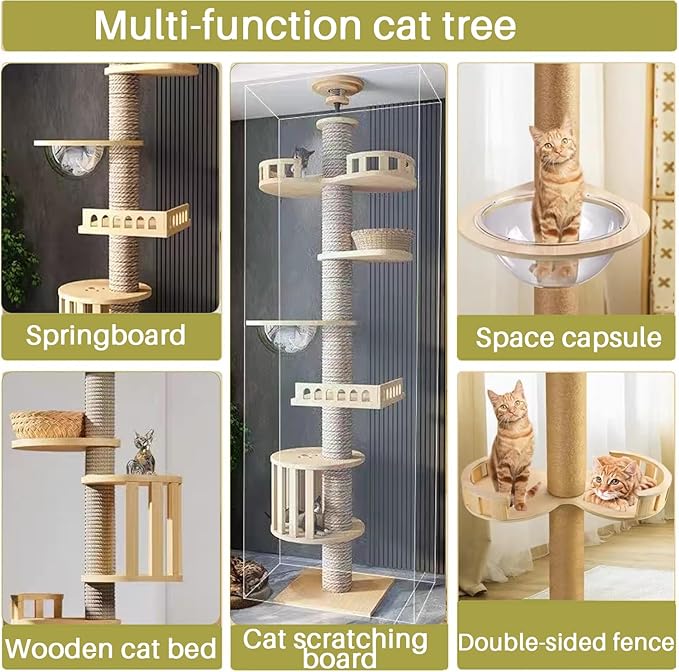 Mekidulu Floor to Ceiling cat Tree - Cat Tree Floor to Ceiling，Adjustable Height,Tall cat Tree with Width 4.33 in Scratching Post,Cat Hammock,Fully Wrapped with sisal Rope(240～250cm, 265-275cm T03)
