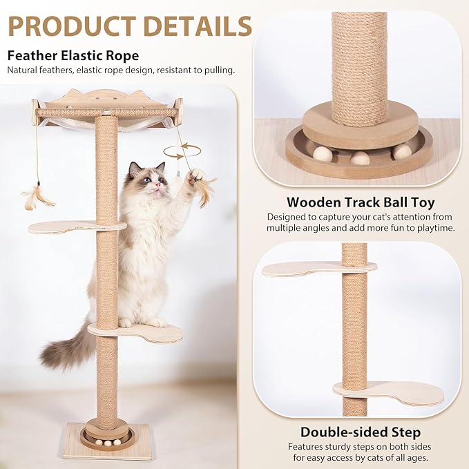 Cat Window Hammock 48" Adjustable Scratching Posts, Multi-Level Window Mounted Cat Tree with Natural Sisal and Track Toys for Large Cats, Climbing, Sunbathing & Bird Watching (Drill-Free)