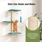 5 Pcs Wall-Mounted Climber Set, Wood Indoor with Shelves and Perches, Ladder, Condo House, Scratching Board and Tree, Wall Shelves Furniture for Cats (Ocean Blue)