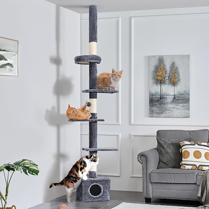 Yaheetech Cat Tree, Floor to Ceiling Cat Tower for Large Cats, 89-104.5in Height Adjustable Tall Climbing Tree w/Scratching Posts, Condo and Perches, Dark Gray