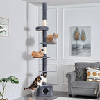 Yaheetech Cat Tree, Floor to Ceiling Cat Tower for Large Cats, 89-104.5in Height Adjustable Tall Climbing Tree w/Scratching Posts, Condo and Perches, Dark Gray