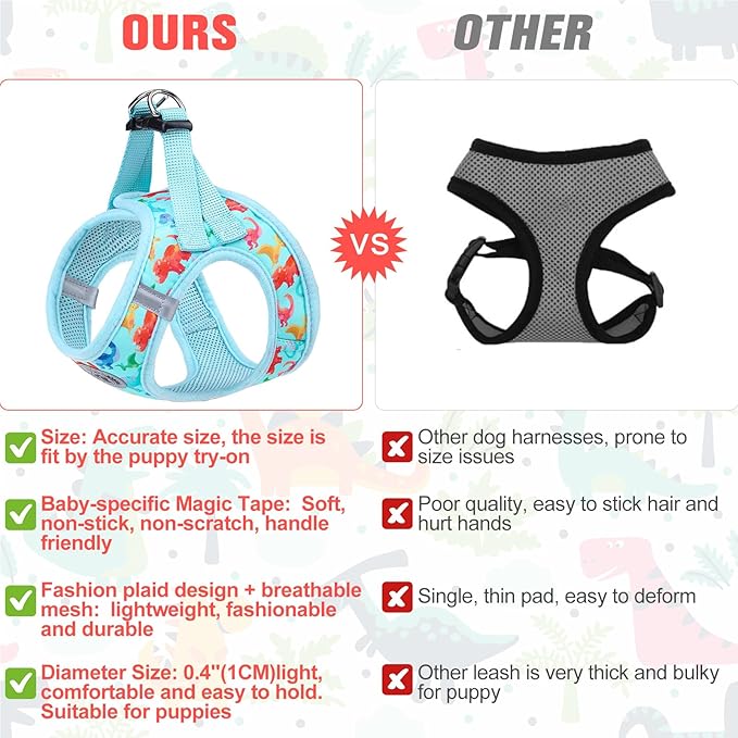 BEAUTYZOO Step in Dog Harness and Leash Set,Reflective Dog Harness No Pull No Choke Puppy Harness for Small Medium Large Dogs Cats,Soft Padded Mesh Vest Harnesses for Girl and Boy Pets,Dinosaurs S