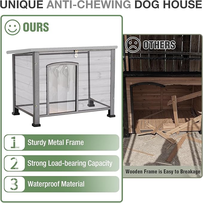 33.3’’ Heated Outdoor Dog House Weatherproof Insulated Dog Kennel with Metal Frame, Dog Shelter with Heating Pad, 6-Sided Insulated Liner and PVC Door Curtain for Winter (Grey)