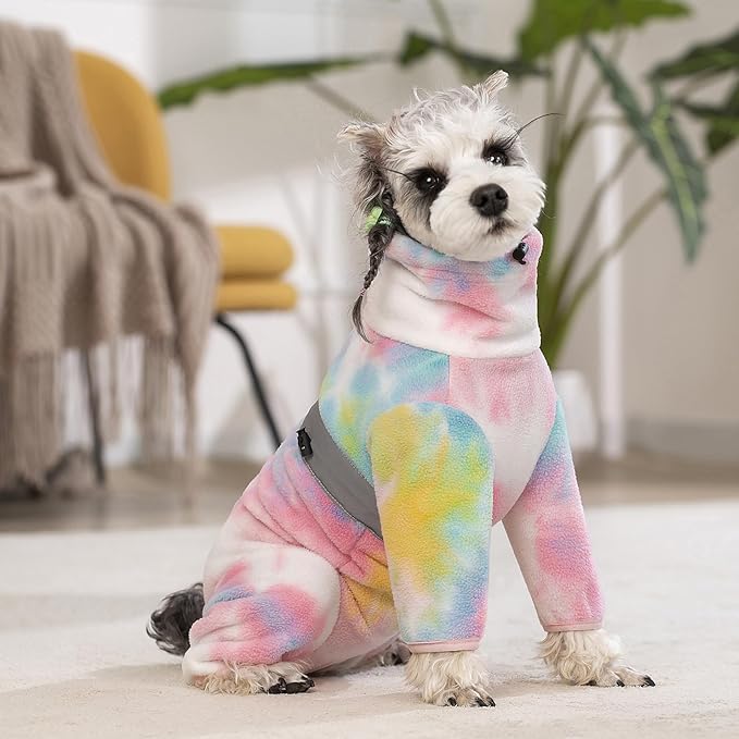 Dog Coats for Small Dogs, Polar Fleece Dog Pajamas Bodysuit, Puppy Onesies Tie Dye Jumpsuits, Dogs Warm Clothes Four-Legged, Doggie Fullbody Winter Jacket Vest