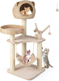 Giantex Wooden Cat Tree, 48 inches Cat Tower with Cattail Condo, Cat Bed, Hammock, Rotatable Jingling Balls, Natural Sisal Scratching Posts, Removable Cushion, Multi-Level Kitten Activity Center