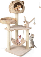 Giantex Wooden Cat Tree, 48 inches Cat Tower with Cattail Condo, Cat Bed, Hammock, Rotatable Jingling Balls, Natural Sisal Scratching Posts, Removable Cushion, Multi-Level Kitten Activity Center