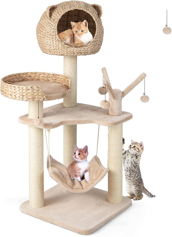 Giantex Wooden Cat Tree, 48 inches Cat Tower with Cattail Condo, Cat Bed, Hammock, Rotatable Jingling Balls, Natural Sisal Scratching Posts, Removable Cushion, Multi-Level Kitten Activity Center
