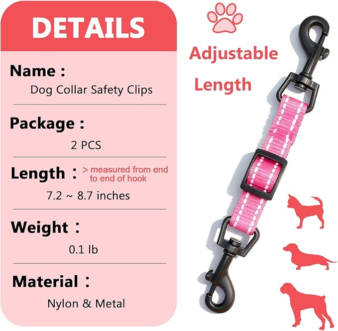 2 Pcs Dog Collar Safety Clips with Double Ended Clasps | Adjustable Collar Backup Clip for Dog Harness & Collars Connectors, Training for Walking, Running, and Hiking, Safety Clip - Pink