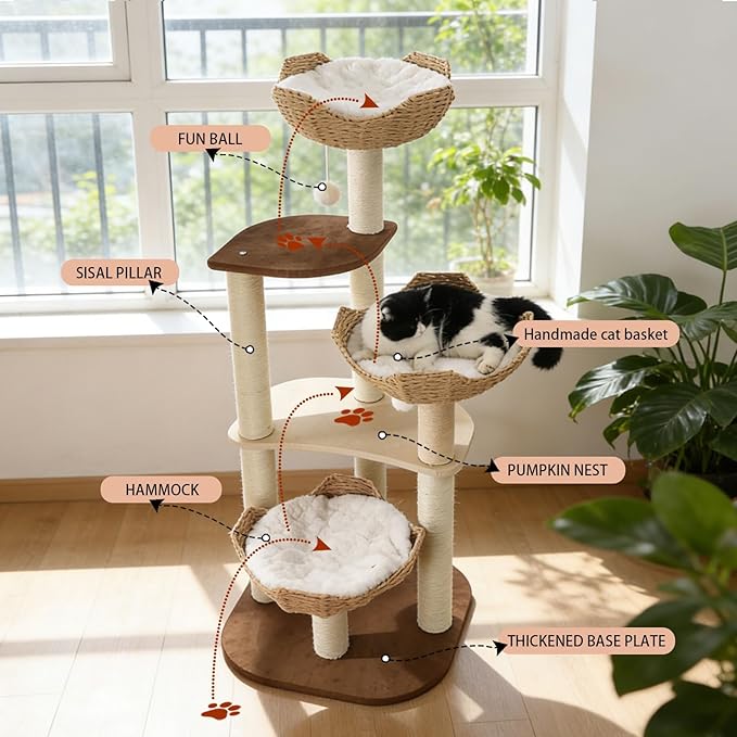 Cat Tree Tower, Modern Cat Tree with Hand-Woven Basket Nest, Sisal Posts, Extra Large 54 Inch Heavy-Duty Multi-Level Indoor Wood Tower