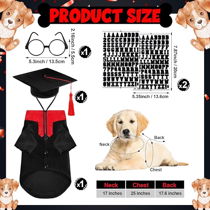 5 Pcs Dog Graduation Costume Set Include 2026 Pet Graduation Gown with Stole Puppy Grad Cap Lensless Glasses DIY Letter Stickers for Dogs Cats Holiday Costume Accessory(Black Red,L)