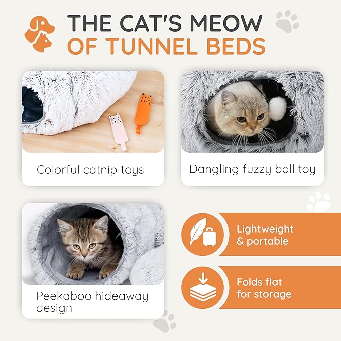 Interactive Cat Toys for Indoor Cats – 3-in-1 Cat Tunnel Bed with 2 Catnip Toys, Peekaboo Cat Cave & Donut Tunnel, Foldable Interactive Toy for Kittens & Small Pets, 32"