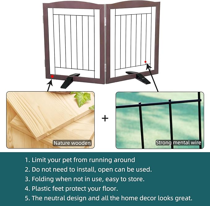 Dog Fence Indoor,Dog Gate Indoor for Doorway pet gate -2-Panel Freestanding, Hallways, House or Stairs -40x24-Inch Retractable Foldable Expandable Wood Pet by SFJC (Brown) ﻿