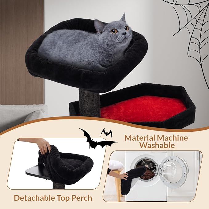 Happy & Polly Gothic Cat Tree with Coffin Bed - 40.9" Black Cat Tower with Soft Mats (Red)