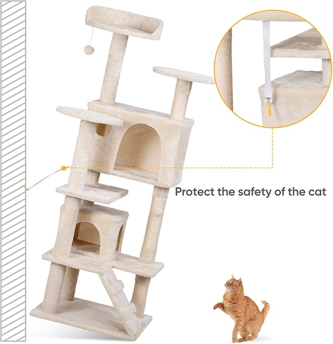 LEMY 54 Inch Cat Tree,Multi-Level Cat Tower Condo for Indoor Kittens,Beige Cat House with Sisal-Covered Scratching Post for Cats to Play and Sleep