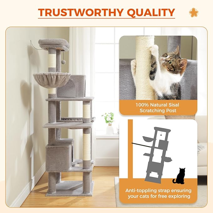 PEQULTI 66" Cat Tree for Indoor Cats, Tall Cat Tower for Large Cats with Scratching Post, Super Large Metal Hammock and 2 Big Condos, Grey