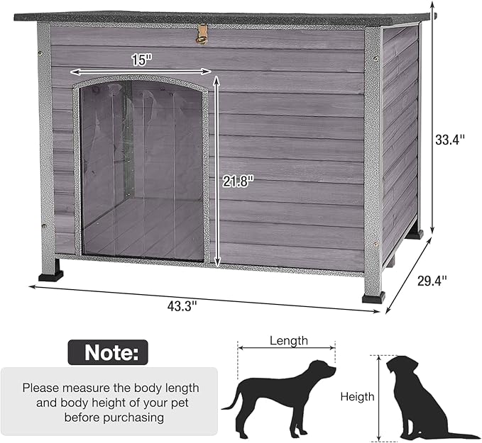 43.3’’ Large Dog House Outdoor Weatherproof Dog Kennel with Upgraded Thickened Metal Frame, Dog Shelter with PVC Curtain, Openable Roof and Removable Floor, Easy to Clean (Grey)