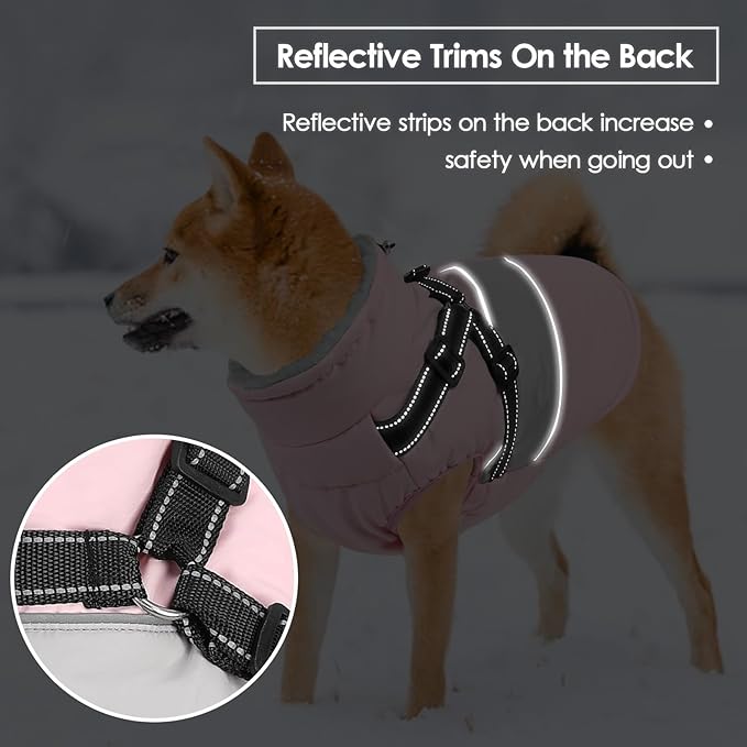 SUNFURA Dog Winter Coat, Waterproof Dog Coat Jacket with Harness for Medium Breeds Boys Girls, Reflective Fleece Lined Pet Snow Jacket Sweaters for Pug, Jack Russel, Boston Terrier, Pink M