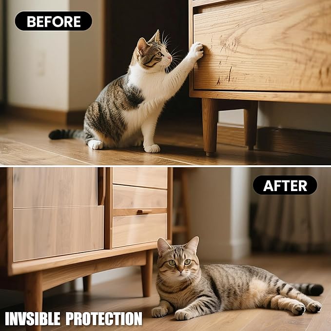Cat Scratch Guard Tape, 394''x8.2'' Clear Anti Scratch Tape for Furniture, Single Sided Protective Film to Stop Cats & Dogs Scratching Sofa, Door, Walls, Car Interiors