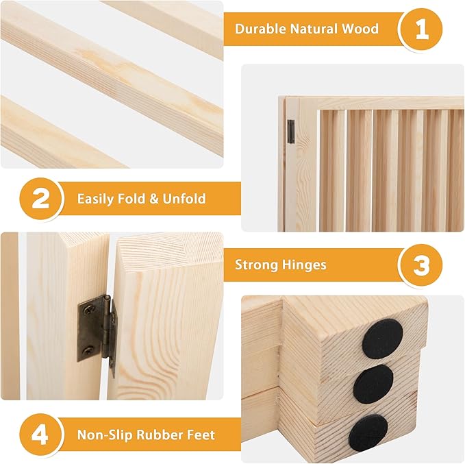 COZIWOW Freestanding Wooden Dog Gate - Indoor Pet Gate with Walk-Through Door, Adjustable and Portable Dog Barrier for Small to Medium Dogs, No Drilling Required, Stylish Wooden Finish,Natural