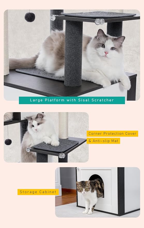 PETEPELA 56.7" Cat Tree with Litter Box Enclosure Large, Wood Cat Tower for Indoor Cats with Storage Cabinet and Cozy Cat Condo, Sisal Covered Scratching Post and Repalcable Dangling Balls, Black
